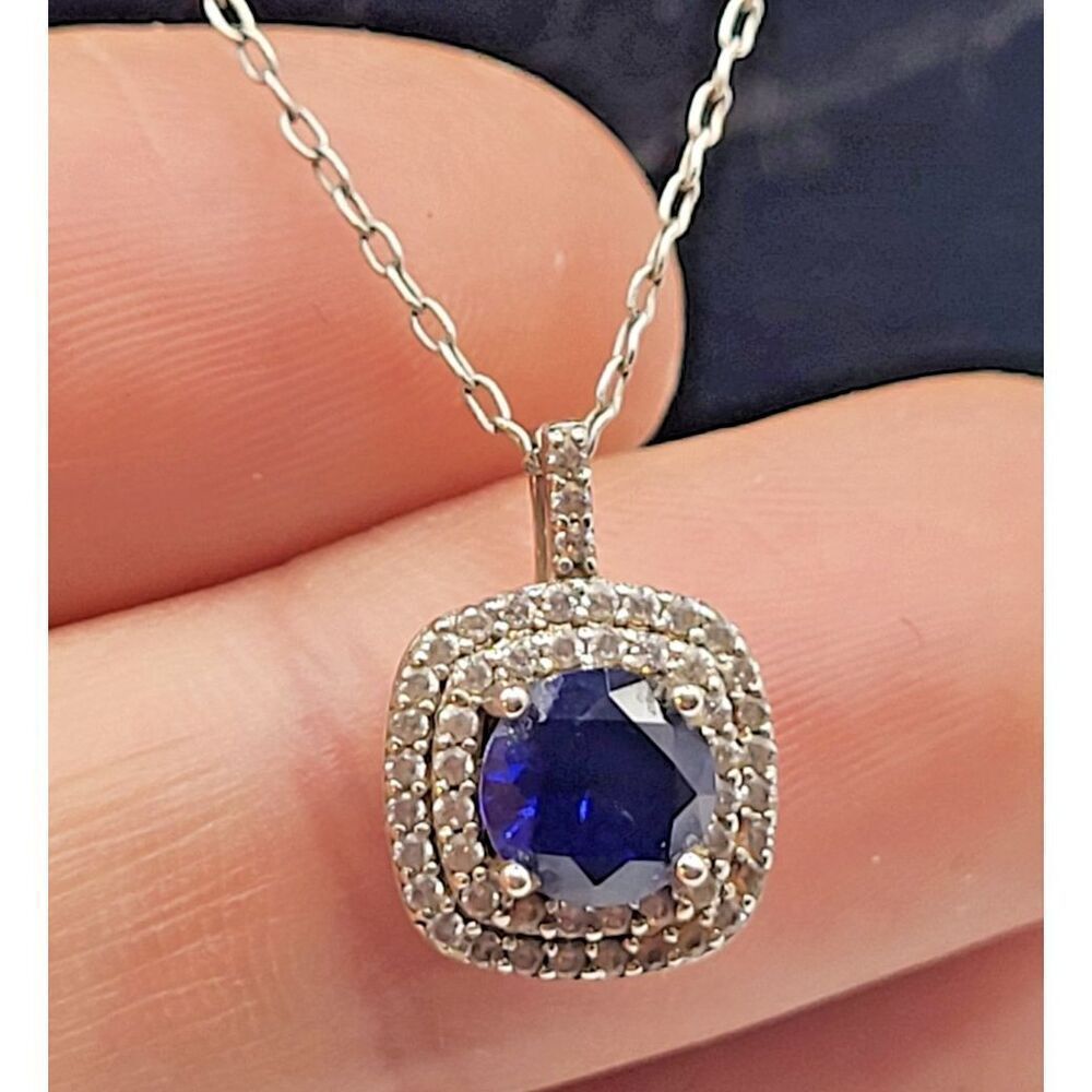 1/2CT Lab Sapphire Sterling Silver Cushion Cut Birthstone Pendant Necklace 20in
